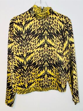 Aries Arise Citron Yellow Black Animal Print Mock Neck Satin Blouse Shirt Top